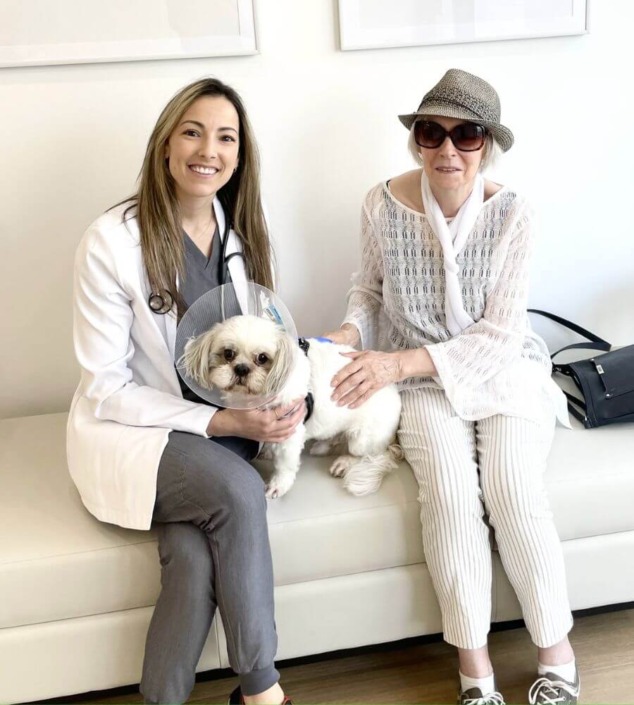 Veterinarian sitting with client and her dog on a sofa